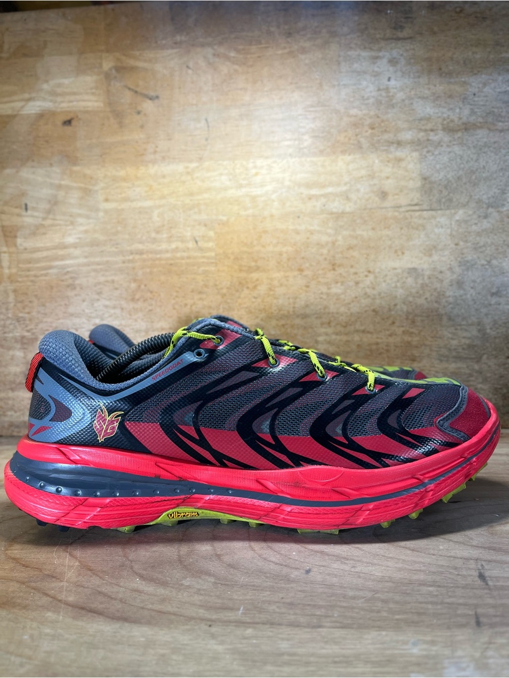 Hoka Speedgoat Mens Size 13 Trail Running Shoes Sneakers Gray Red Black
